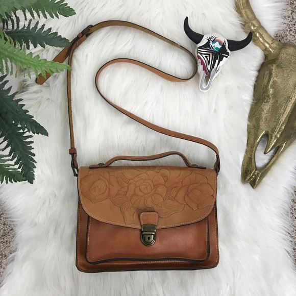 Patricia Nash Brown Floral Leather Crossbody Bag